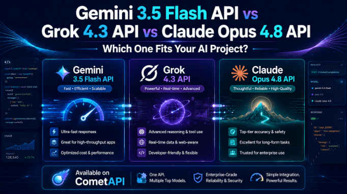 Gemini 3.5 Flash API, Grok 4.3 API, and Claude Opus 4.8 API: Which One Fits Your AI Project?